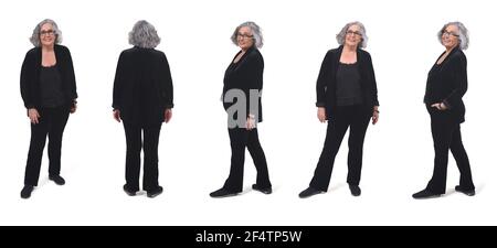 même femme âgée avec diverses poses sur fond blanc Banque D'Images