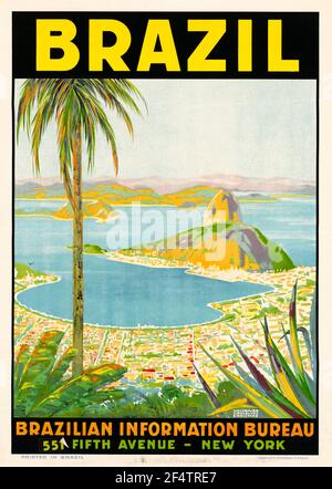 Affiche de voyage vintage, Brésil, Sugarloaf Mountain, Rio de Janeiro, 1942-1945 Banque D'Images