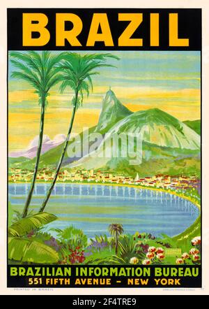 Affiche de voyage vintage, Brésil, Sugarloaf Mountain, Rio de Janeiro, 1942-1945 Banque D'Images