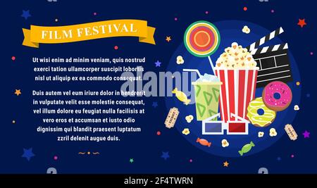 Éléments de film plat Vector avec pop-corn, bonbons, boissons et beignets. Film de concept. Illustration de Vecteur