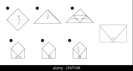 Instructions pour faire une enveloppe à l'origami. Illustration monochrome ligne noire étape par étape. Illustration de Vecteur