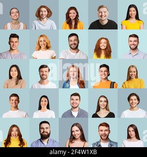 Collage de portraits de personnes du millénaire avec visages souriants, arrière-plans bleus Banque D'Images