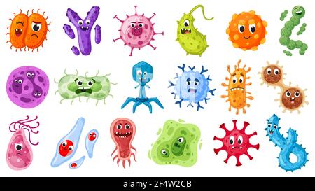 Personnages de bactéries de dessin animé. Virus, germes et microbes pandémiques émoticônes micro-organisme. Virus de la maladie mascots vecteur jeu d'illustration Illustration de Vecteur