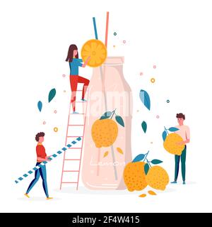 Concept pour la fête d'été, les gens boivent du jus de limonade en bouteille avec des fruits et des baies. Fruits végétaliens et cocktails santé de détox. Boissons, glace vitaminée Illustration de Vecteur