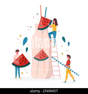 Concept pour la fête d'été, les gens boivent du jus de pastèque en bouteille avec des fruits et des baies. Fruits végétaliens et cocktails santé de détox. Boissons, vitamine ic Illustration de Vecteur