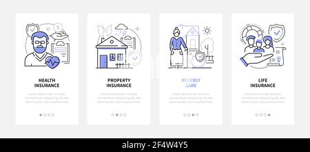 Assurance - bannières Web modernes de style design de ligne avec espace de copie pour le texte. Sécurité et protection contre les pertes financières. Poteaux de carrousel avec la vie, h Illustration de Vecteur