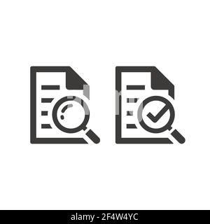 Document avec loupe et icône de coche. Symbole de recherche de manuel, d'instructions et d'informations avec loupe et coche. Illustration de Vecteur