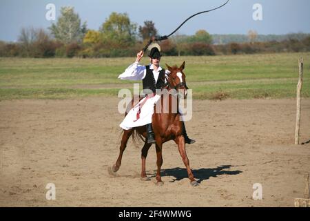 PUSZTA, HONGRIE, SEPTEMBRE 04. 2020: Bergers hongrois comme csikos en costume traditionnel folklorique montrant ses chevaux entraînés dans la chatzta hongroise lowl Banque D'Images