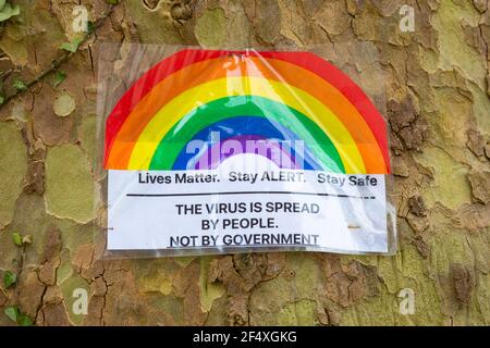 Covid, message du coronavirus, affiche, sur l'arbre, les vies comptent, restez vigilant, restez en sécurité, le virus est transmis par des personnes qui ne sont pas gouvernementales, royaume-uni Banque D'Images