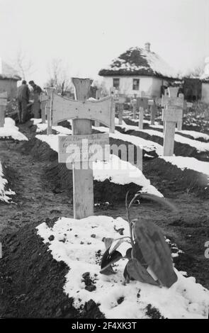 Deuxième Guerre mondiale. Après les combats. Ukraine. Cimetière de Wischnivzy. Vue avec la tombe de Wilhelm Ehmer sur la frontière et le bâtiment en arrière-plan Banque D'Images