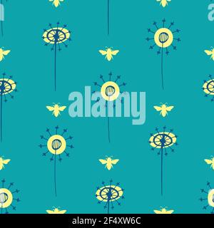 Graines de pissenlit et abeilles miel fond de motif vectoriel sans couture. Résumé Art populaire mélange de fleurs herbacées de jardin ou de champ et d'insectes bleu jaune Illustration de Vecteur