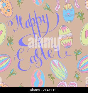 motif vectoriel happy easter sans couture avec œufs et fleurs printanières Banque D'Images
