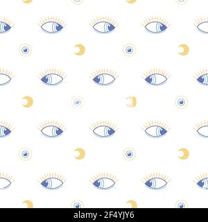 Motif œil-mal et lune sans couture. Texture ésotérique magique bleu et or sur fond blanc. Illustration vectorielle. Illustration de Vecteur