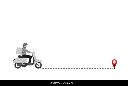 Livraison de marchandises. Livraison express par messagerie, transporteur sur un scooter et le long de l'itinéraire des colis jusqu'au point final. Illustration vectorielle plate. Illustration de Vecteur