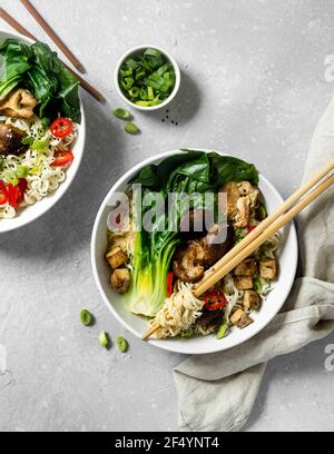 Délicieuse soupe de ramen vegan fraîchement préparée avec nouilles ramen, champignons shiitake, piment épicé, pak choi à la vapeur et frites dans de la sauce soja en morceaux de tofu. Banque D'Images