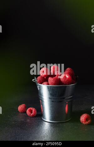 Framboises mûres fraîches dans un petit seau en métal sur fond noir. Framboise juteuse pleine de vitamines. Banque D'Images
