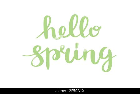 Bonjour lettrage de printemps. Jolie illustration dessinée à la main, modèle de carte Banque D'Images