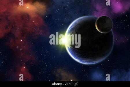 La Terre avec la Lune et le Soleil clair. Nebula, la galaxie, les étoiles et la planète Terre avec la Lune. Éléments de cette image fournis par la NASA. Banque D'Images