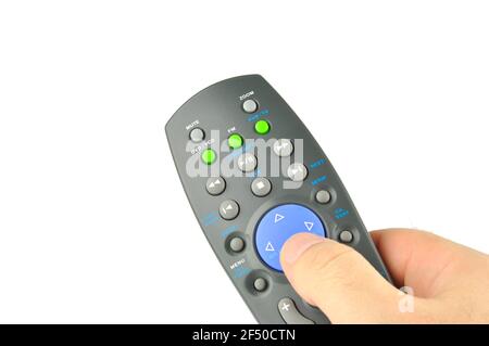 Télécommande dans la main isolée sur fond blanc Banque D'Images