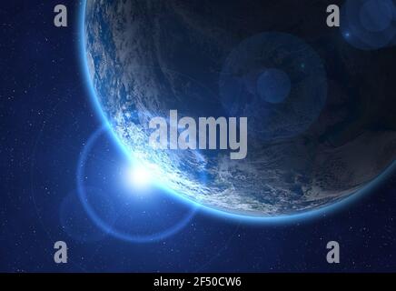 Planète bleue Terre et soleil levant. Éléments de cette image fournis par la NASA. Banque D'Images