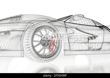 Modèle de maillage de modèle 3d de véhicule de voiture avec un étrier de frein rouge sur un fond blanc. image de rendu 3d Banque D'Images