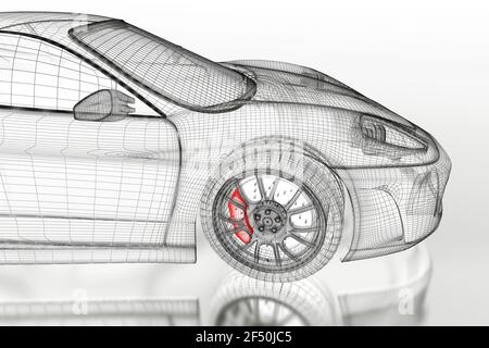 Modèle de voiture sport 3D avec étrier de frein rouge sur fond blanc. image de rendu 3d Banque D'Images