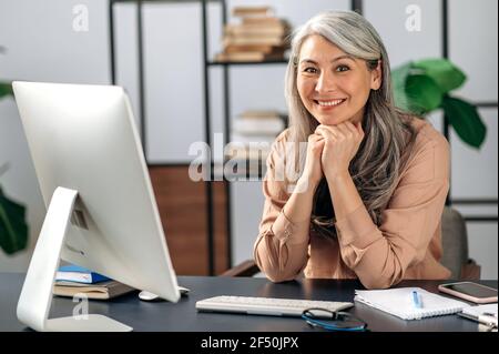 Réussie influente asiatique d'âge moyen, femme d'affaires, Manager, freelance, dans des vêtements élégants, travaille à l'ordinateur, repose la tête avec ses mains, regarde l'appareil photo, sourit amicaux Banque D'Images