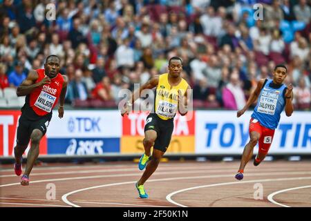 Yohan Blake (Jamaïque), Alex Wilson (Suisse), Bernardo Baloyes (Colombie). 200 mètres d'hommes, chauffe. Championnats du monde de l'IAAF Londres 2017 Banque D'Images