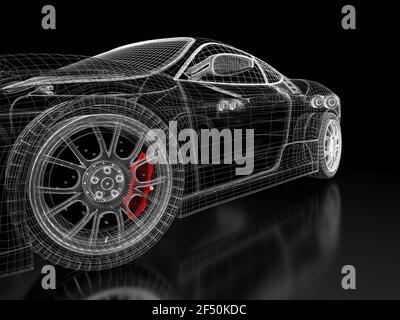 Modèle 3D à maillage Blueprint pour véhicule automobile avec étrier de frein rouge sur fond noir. image de rendu 3d Banque D'Images