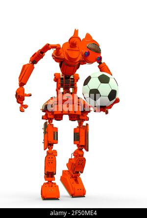 un robot sympathique tient une balle de football sur fond blanc, illustration 3d Banque D'Images