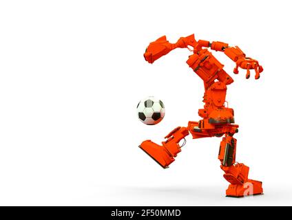 sympathique robot joue au football dans un fond blanc vue latérale avec espace de copie, illustration 3d Banque D'Images