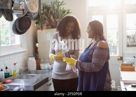 Nettoyage de la mère et de la fille à l'aide d'un spray nettoyant dans la cuisine Banque D'Images