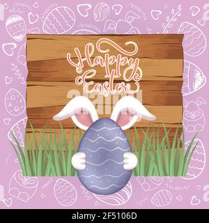 Bonne carte de pâques. Lapin derrière un œuf de pâques décoré - Vector Illustration de Vecteur