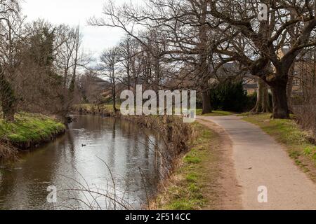 Un sentier au bord de la rivière Tyne à Haddington, Lothian est, Écosse. Banque D'Images