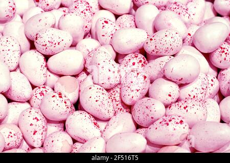 Fond d'œufs de chocolat rose. Arrière-plan de Pâques. Vue de dessus. Œufs de Pâques mouchetés Banque D'Images