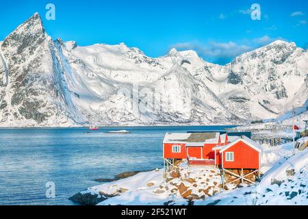 Maisons traditionnelles norvégiennes en bois rouge sur la rive de Reinefjorden dans le village de Hamnoy . Lieu: Hamnoy , Lofoten; Norvège, Europe Banque D'Images