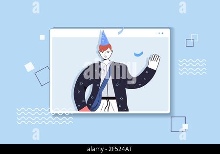 homme dans chapeau festif célébrant en ligne fête d'anniversaire gars dans ordinateur fenêtre de la main Illustration de Vecteur