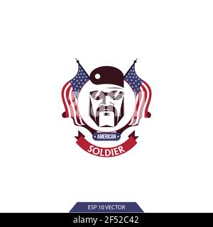 Logo du soldat américain. Guerrier sur fond de drapeaux américains. Un homme dans un uniforme militaire. Armée de mercenaires américains. Illustration de Vecteur