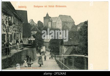 Bachgasse avec château Mildenstein Leisnig. Bachgasse avec le château de Mildenstein Banque D'Images