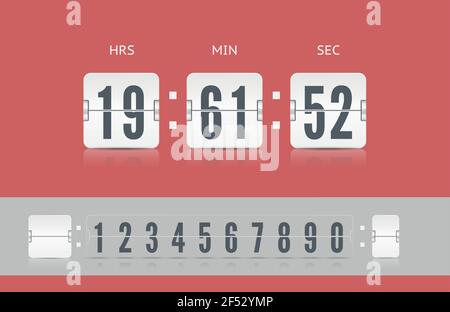 Modèle de conception de page Web à venir avec compteur de temps de bascule avec réflexion sur fond rouge. Vector Modern ui design ancien compte à rebours avec chiffres. Police du nombre de tableaux de bord blancs. Illustration de Vecteur