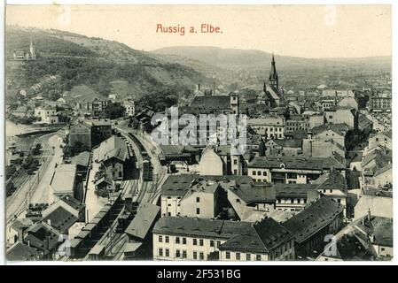 Regardez grand Aussig. Vue de Marienberg à la vieille ville avec la vallée de la Bilina et Ferdinandshöhe Banque D'Images