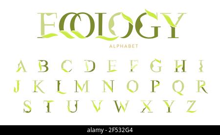 Vector Ecology Alphabet avec éléments de feuilles décoratifs. Police élégante moderne en majuscules. Illustration vectorielle. Illustration de Vecteur