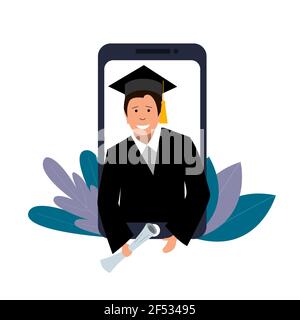 Graduation, chapeau carré du diplômé, manteau. Téléphone, lien vidéo, un homme tenant un défilement. Vecteur Illustration de Vecteur