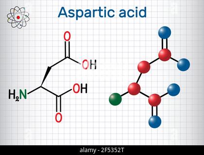 Acide aspartique (acide L-aspartique, ASP, D, aspartate) molécule d'acide aminé protéinogène. Feuille de papier dans une cage. Formule chimique structurale et mole Illustration de Vecteur