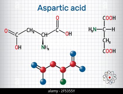 Acide aspartique (acide L-aspartique, ASP, D, aspartate) molécule d'acide aminé protéinogène. Feuille de papier dans une cage. Formule chimique structurale et mole Illustration de Vecteur