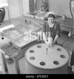 La femme remplit les asperges pelées et suspectées d'être blanchies en boîtes Banque D'Images