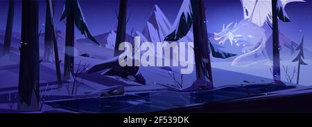 Fantôme de dragon dans la nuit forêt d'hiver avec étang Illustration de Vecteur