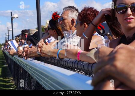Des spectateurs au rail observant la course jusqu'à la fin lors d'une rencontre de course hippique à Queensland, en Australie Banque D'Images