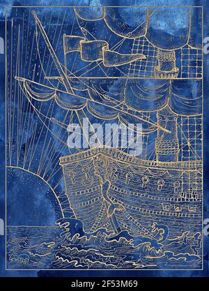Illustration marine bleue avec ancien voilier ou voilier et soleil levant. Carte ou affiche de dessin nautique, concept d'aventure, fond gravé Banque D'Images
