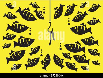 Illustration vectorielle crochet de poisson avec appât a attiré de nombreux poissons de différentes tailles sous la mer isolés sur fond jaune. Illustration de Vecteur